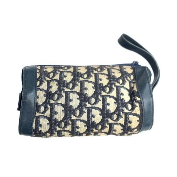 Dior Navy Trotter Print Canvas & Leather Saddle Shape Clutch Cosmetic Bag - Picture 1 of 8